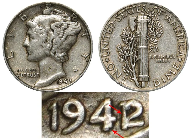 Side-by-side comparison: normal 1942 Mercury dime date vs 1942/1 overdate showing undertype '1' beneath the '2'
