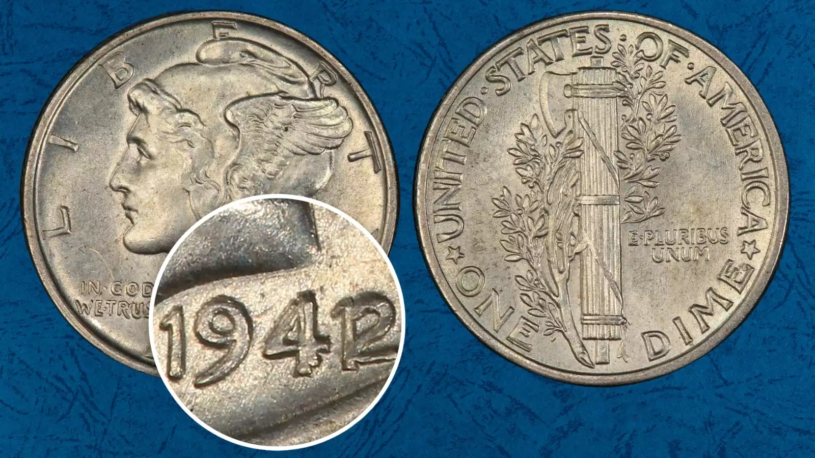 1942/1 overdate Mercury dime date area showing undertype '1' beneath the '2' — Philadelphia mint