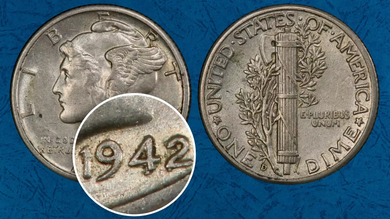 1942/1-D overdate Mercury dime (Denver) showing date undertype and D mint mark