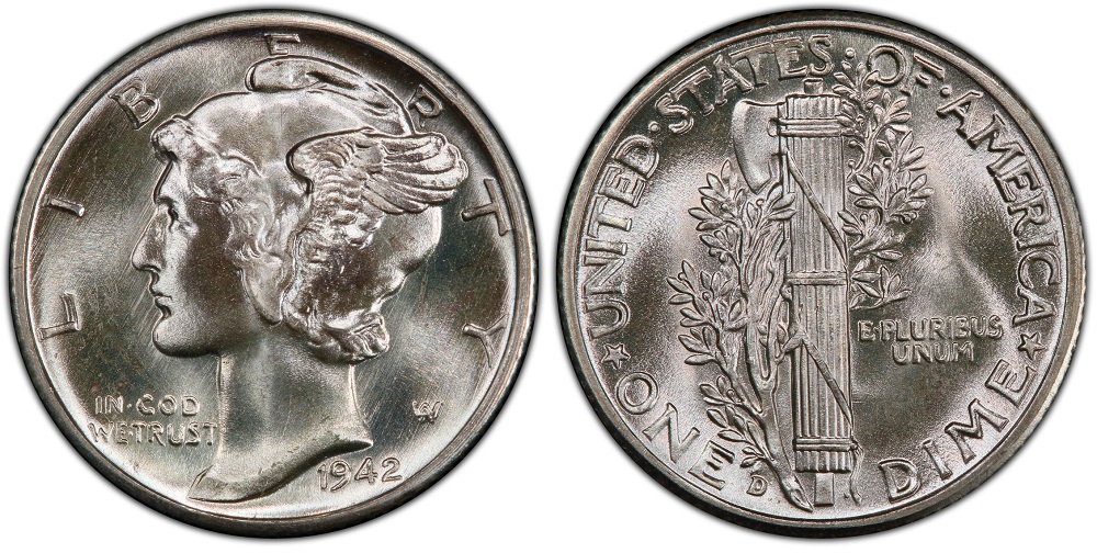 1942 Mercury dime reverse fasces showing incomplete bands vs Full Bands FB designation comparison