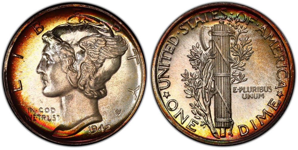 1942 Proof Mercury dime showing mirror fields and frosted Liberty devices — PR65 quality