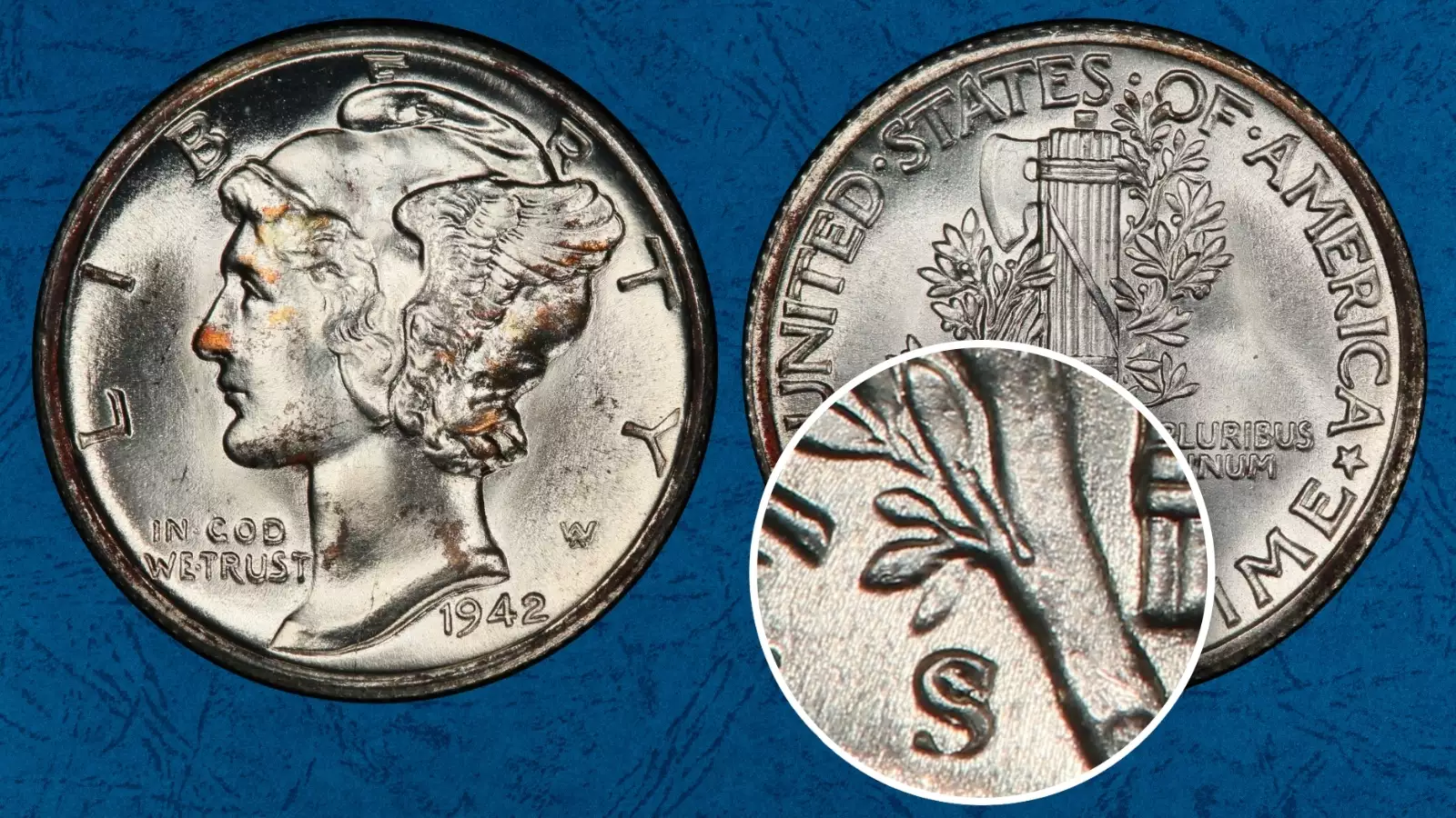 1942-D Mercury dime repunched mint mark (RPM) showing secondary ghost D impression on reverse