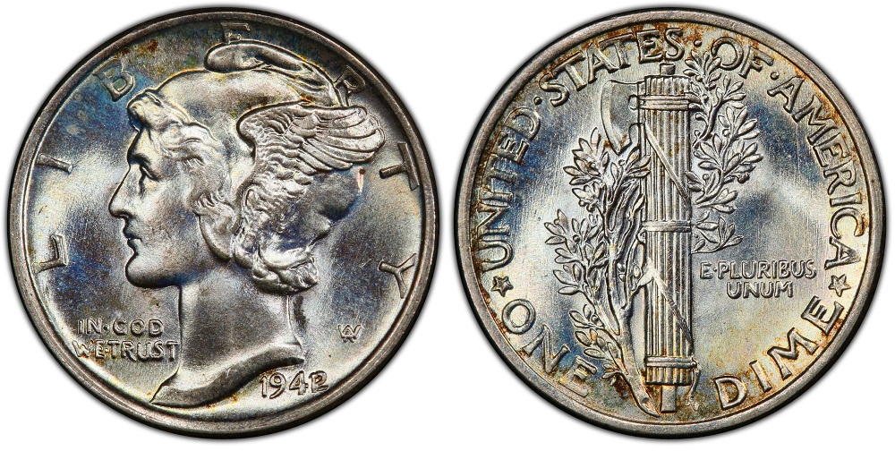 1942 Mercury dimes from all three mints — Philadelphia, Denver, and San Francisco — showing mint mark locations