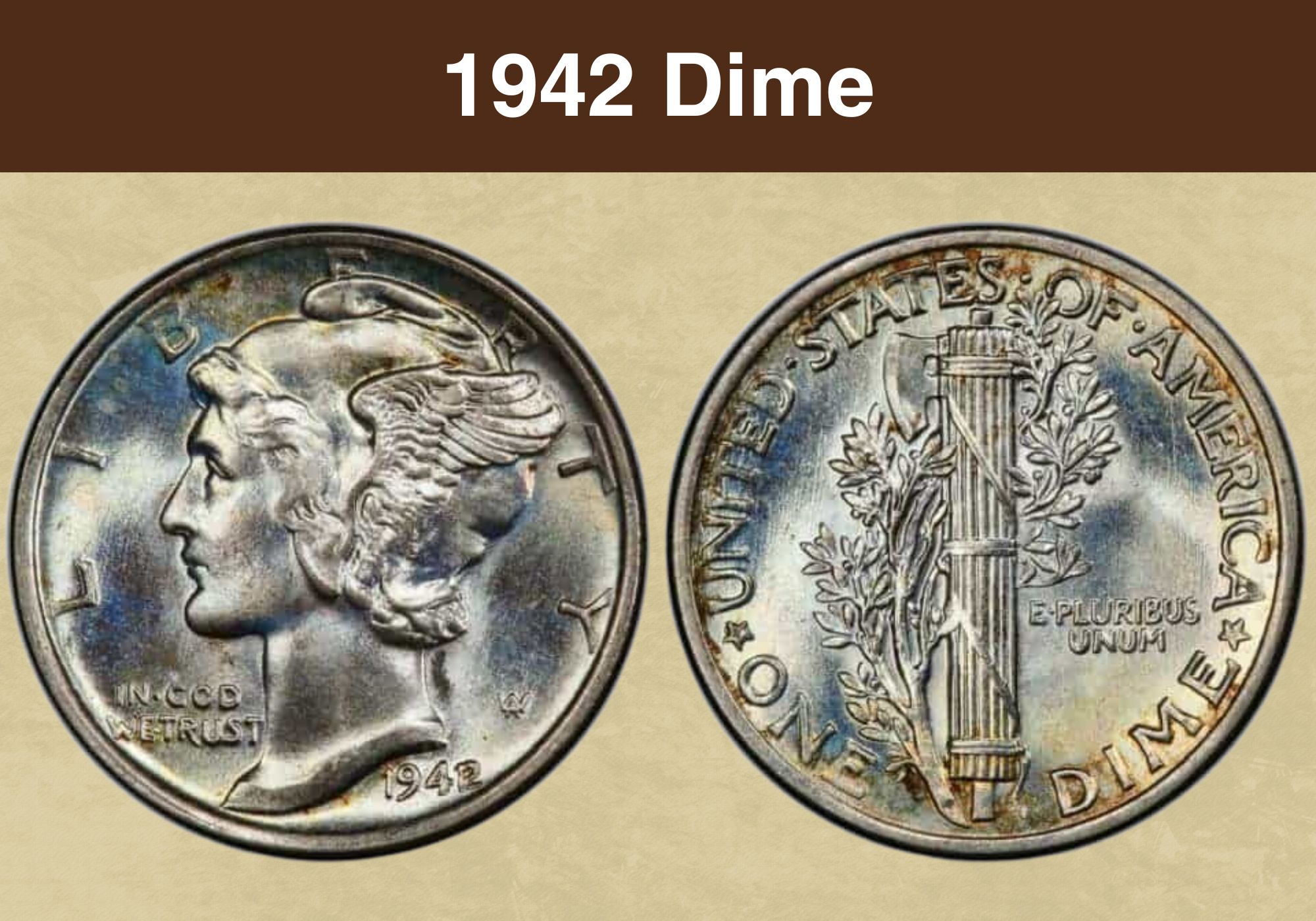 1942 Mercury dime grading strip showing four condition levels from Good/Fine through Mint State with labeled grades